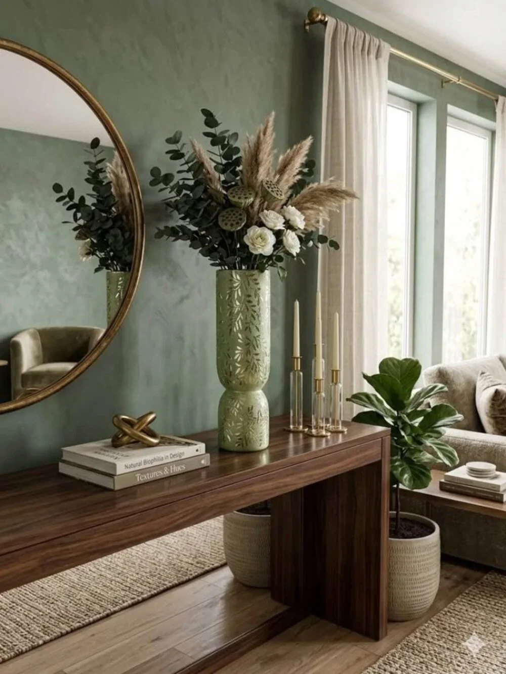 Large Olive Green Textured Statement Vase – Leaf Pattern Hourglass Decor